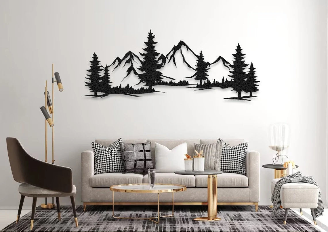 Mountain and Forest Metal Wall Decor, Evergreen Trees